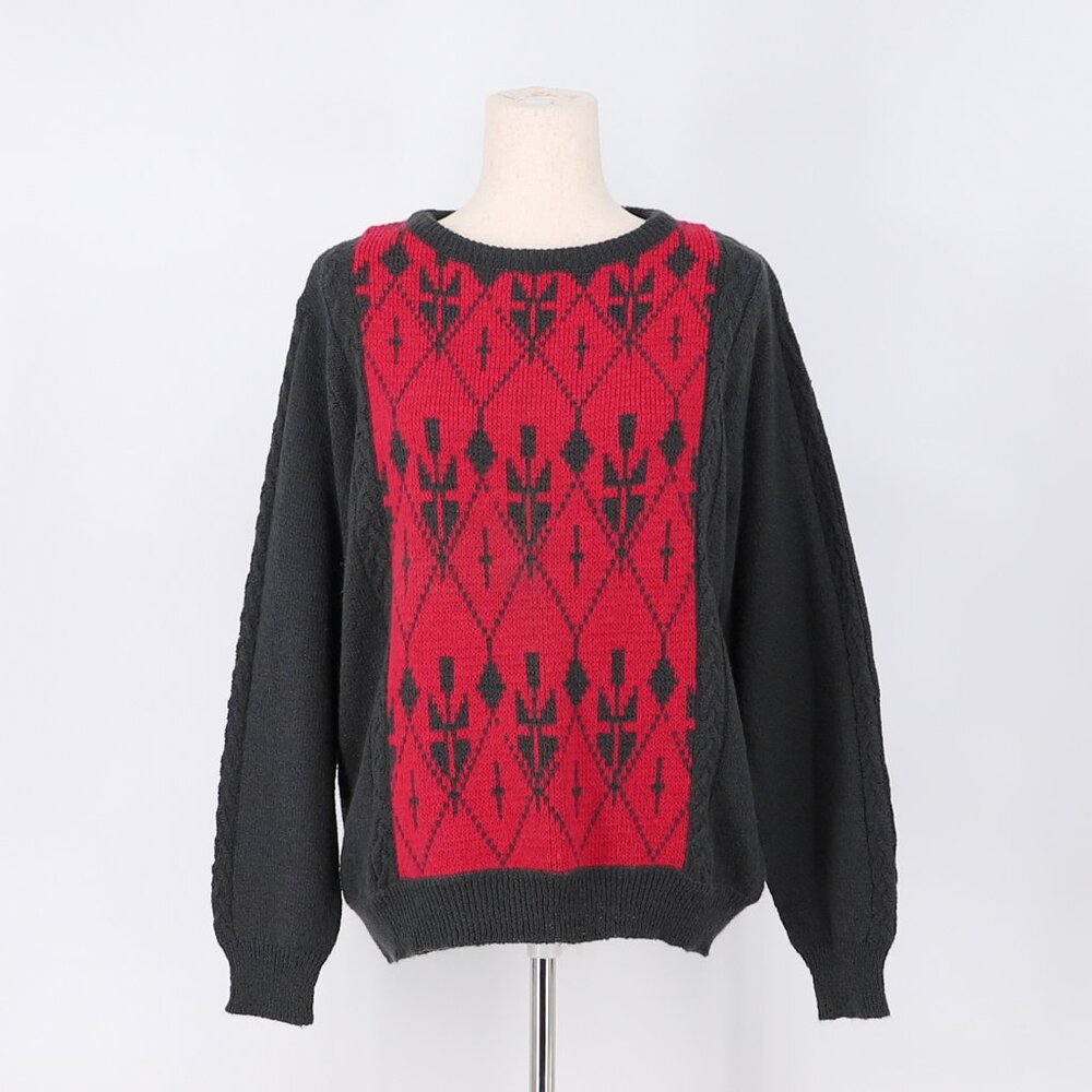VINTAGE YVES VENET 80s/90s Red & Black Print Knit Sweater Size 42
